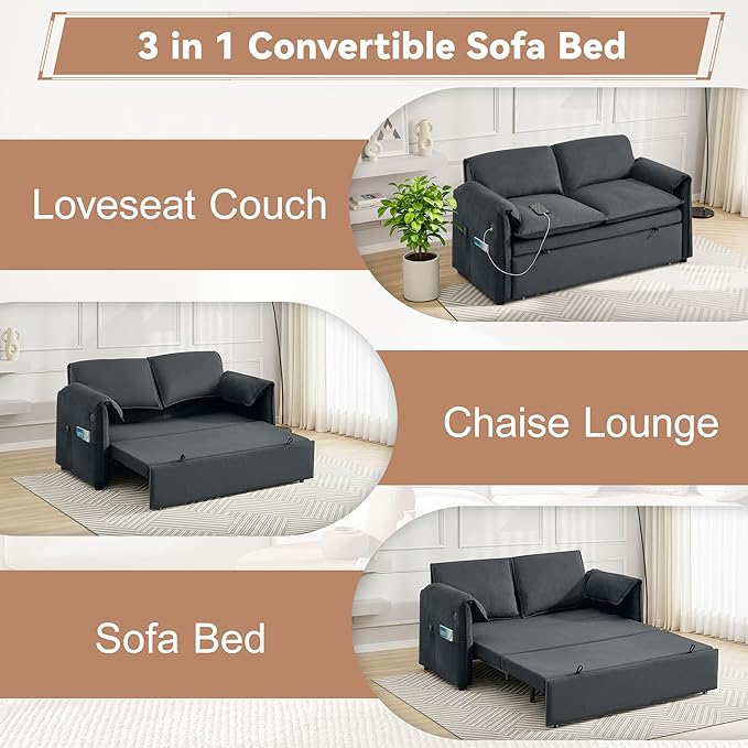 63" Velvet Convertible Sleeper Loveseat Sofa Bed, Pull Out Couch Bed