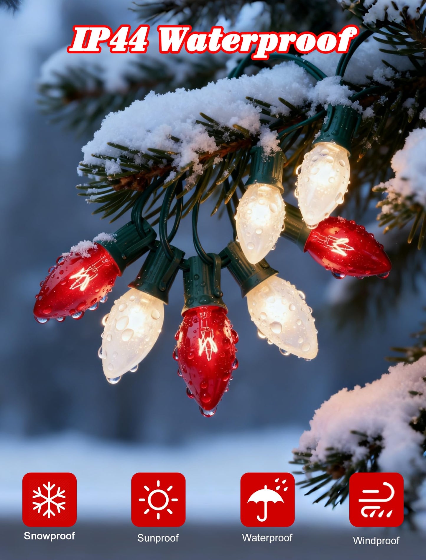 Pallerina 25ft C9 Red and White Christmas Lights,Waterproof C9 Christmas String Lights with 26 Red White Bulbs,Commercial Xmas Lights Outdoor for Garden House Xmas Garland Tree Decorations