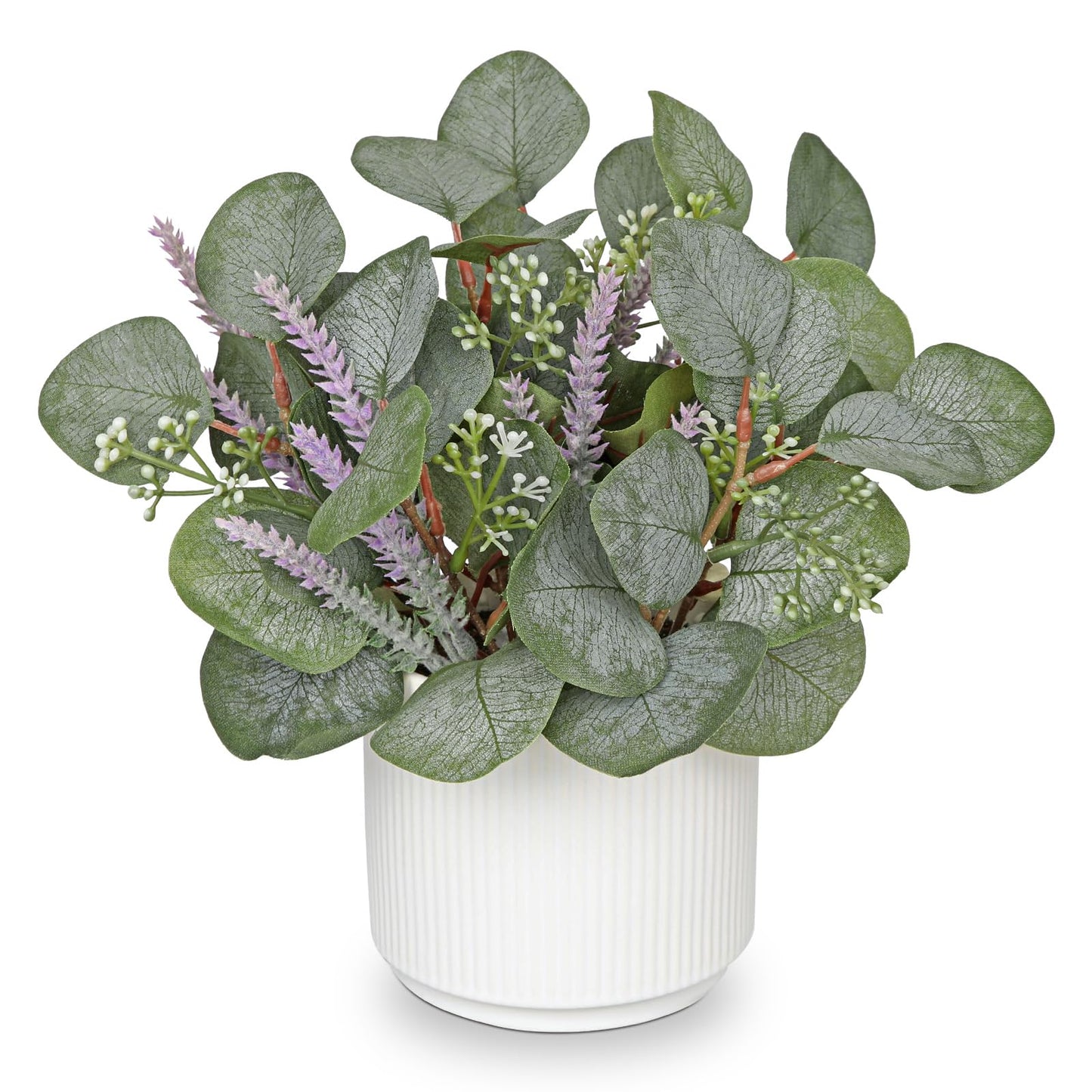 Small Artificial Plants Indoor, 9.8" Faux Eucalyptus Stems in Ceramic Pot for Table, Desk, Shelf, Fake Potted Plants Eucalyptus Leaves with Lavender for Centerpieces, Living Room, Bathroom, Bedroom