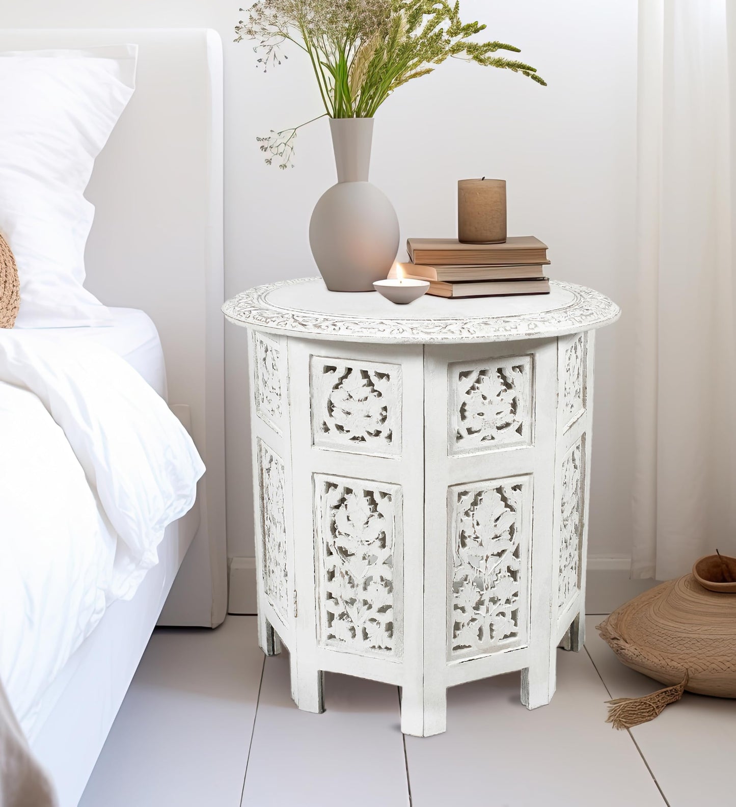 COTTON CRAFT Solid Wood Accent End Table - Hand Carved Vintage Boho Folding Side Table - Small Spaces Entryway Farmhouse Living Room Bedside - No Tools Assembly -18x18 Round - Jaipur Antique White