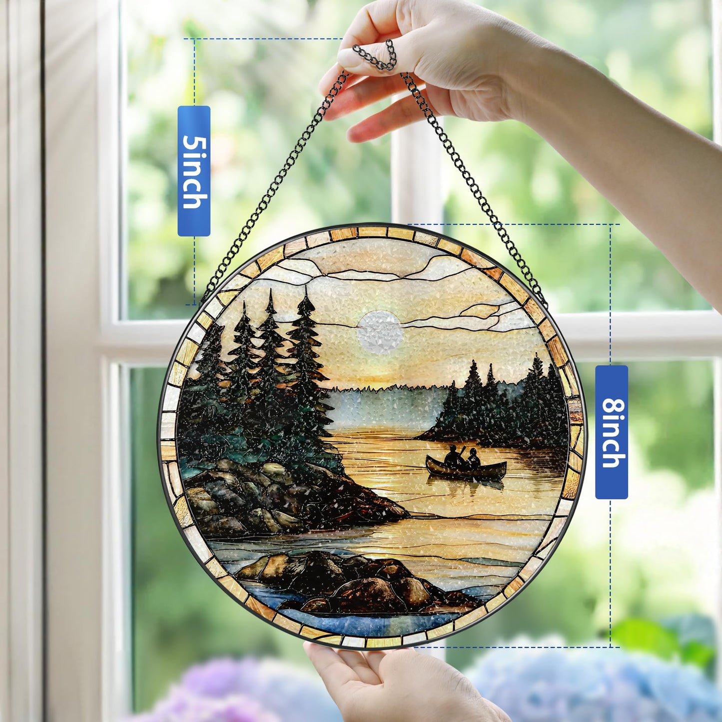 8-Inch Stained Glass Ornament, Stained Glass Window Hanging, Window Hanging Decor Suncatcher, Canoe Lake Sunset Ornament | Christmas, Mother’s Day, Birthday | Gifts for Nature Lovers, Mom & Friend