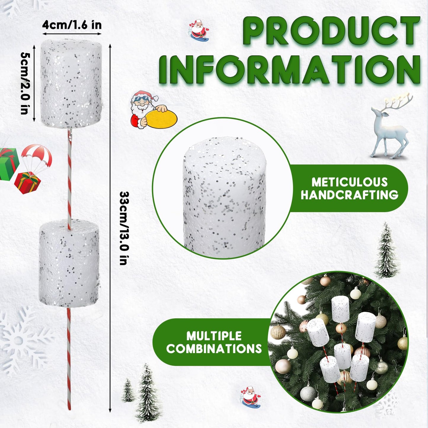 Suncalla 12 Pcs 13 Inch Marshmallow Christmas Tree Picks Decoration Red and White Glitter Marshmallow Candy Christmas Tree Picks Topper Ornaments for Xmas Holiday Vase Filler Craft Wreath Home
