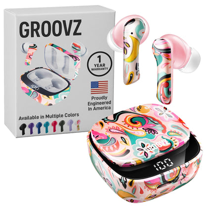 Groovz True Wireless Earbuds with Charging Case - Designed and Engineered in The USA - IPx4 Water Resistant Bluetooth Earbuds Compatible with Apple and Android - 27Hrs Battery Life - Paisley