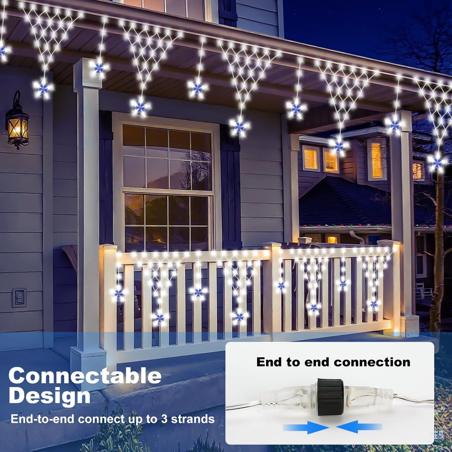 Ramadan Outdoor String Lights Waterproof, 218 LED 13.8FT Star Curtain Fairy Lights with 12 Drops Connectable Clear Wire Christmas Light Decorations 8 Modes for Eaves Yard Wedding Party Holiday Decor