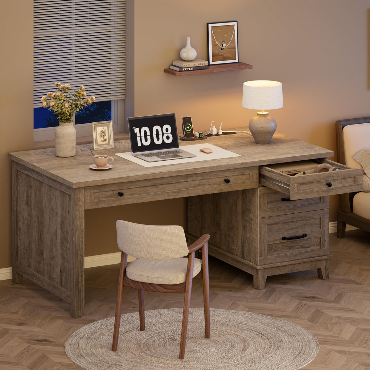 GAOMON 54.5in Wooden Executive Desk with Drawers, Office Desk Computer Table with Charging Station, Farmhouse Home Office Desk with File Cabinet Storage, for Study and Home Office, Rustic Gray