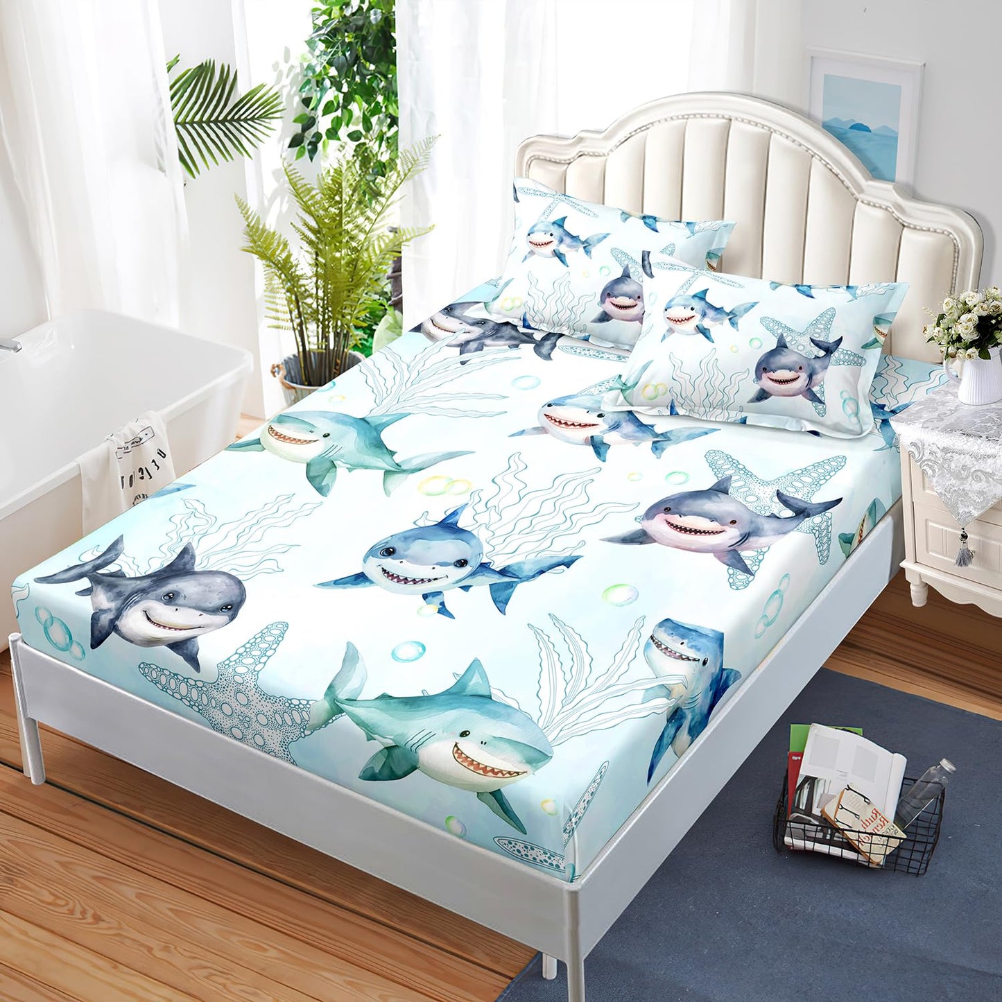 AILONEN Shark Fitted Sheet Set Twin XL Size for Boys Kids - Ocean Blue Starfish Bed Sheet With 2 Pillowcases, 3 Pieces
