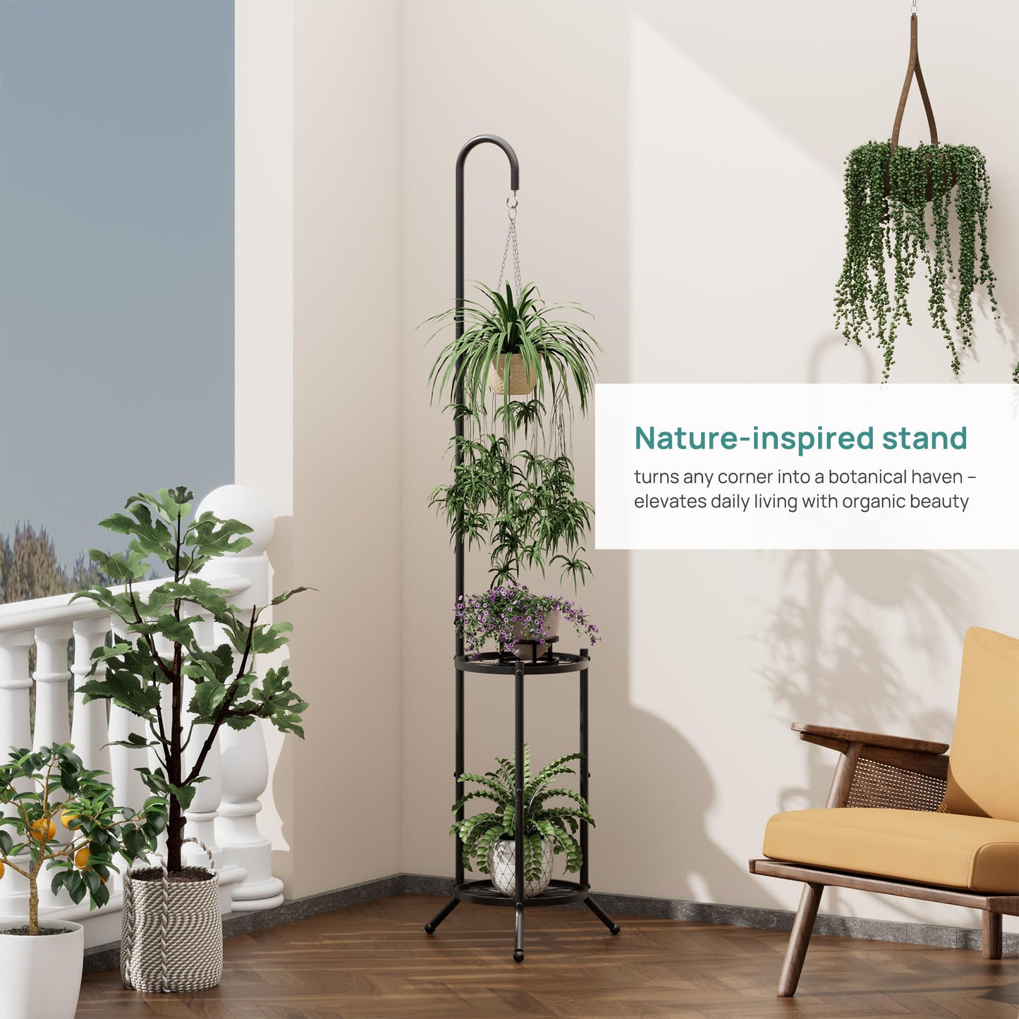 2-Tier Hanging Plant Stand, Heavy Duty Metal Planter Rack - Space Saving Indoor/Outdoor Shelves with 41" Hanging Space - Display Multiple Flower Pots, Tall Iron Plant Organizer for Living Room, Patio & Garden
