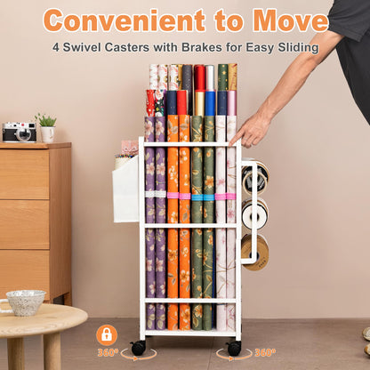 Aquzee Gift Wrapping Paper Organizer Storage, Rolling Gift Wrap Storage Stand, Vertical Wrapping Paper Storage Cart, Ribbon Organizers, 12 PCS Slap Bracelets, Adjustable Rod Design, White