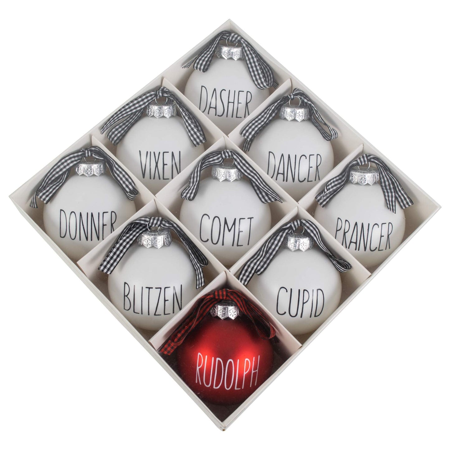 Buffalo Plaid Christmas Tree Ornaments - Set of 9 Shatterproof Bulbs - Farmhouse Reindeer Ornaments with Buffalo Check Bow - Compatible with Rae Dunn Rustic Decorations - Matte White & Red for Rudolph