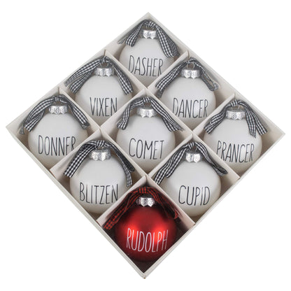 Buffalo Plaid Christmas Tree Ornaments - Set of 9 Shatterproof Bulbs - Farmhouse Reindeer Ornaments with Buffalo Check Bow - Compatible with Rae Dunn Rustic Decorations - Matte White & Red for Rudolph