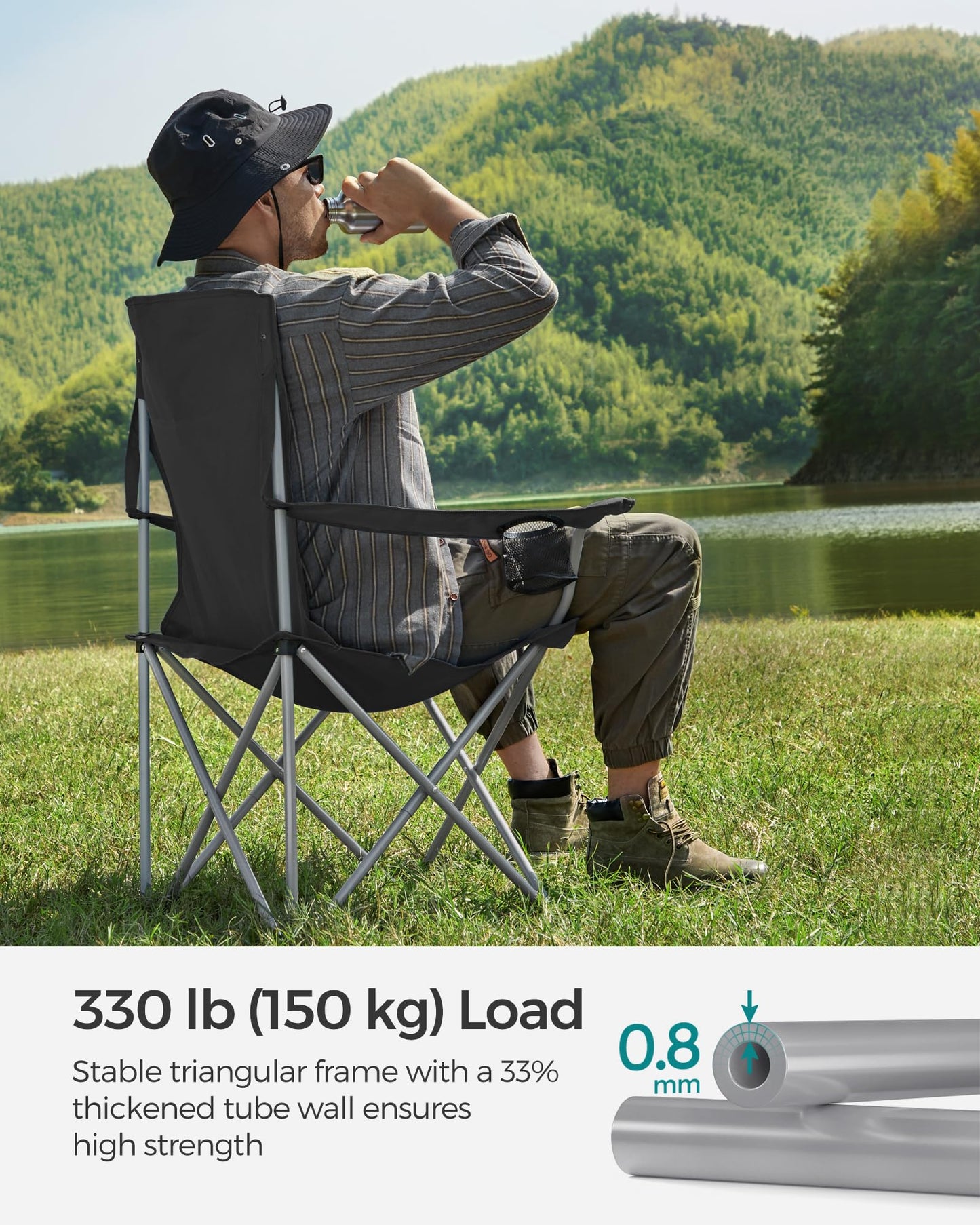 SONGMICS 2 Pack Folding Camping Chairs, Load 330 lb, Cup Holder and High Backrest, Heavy-Duty Structure, for Lawn, Garden, Fishing, Terrace, Black UGCB08BK