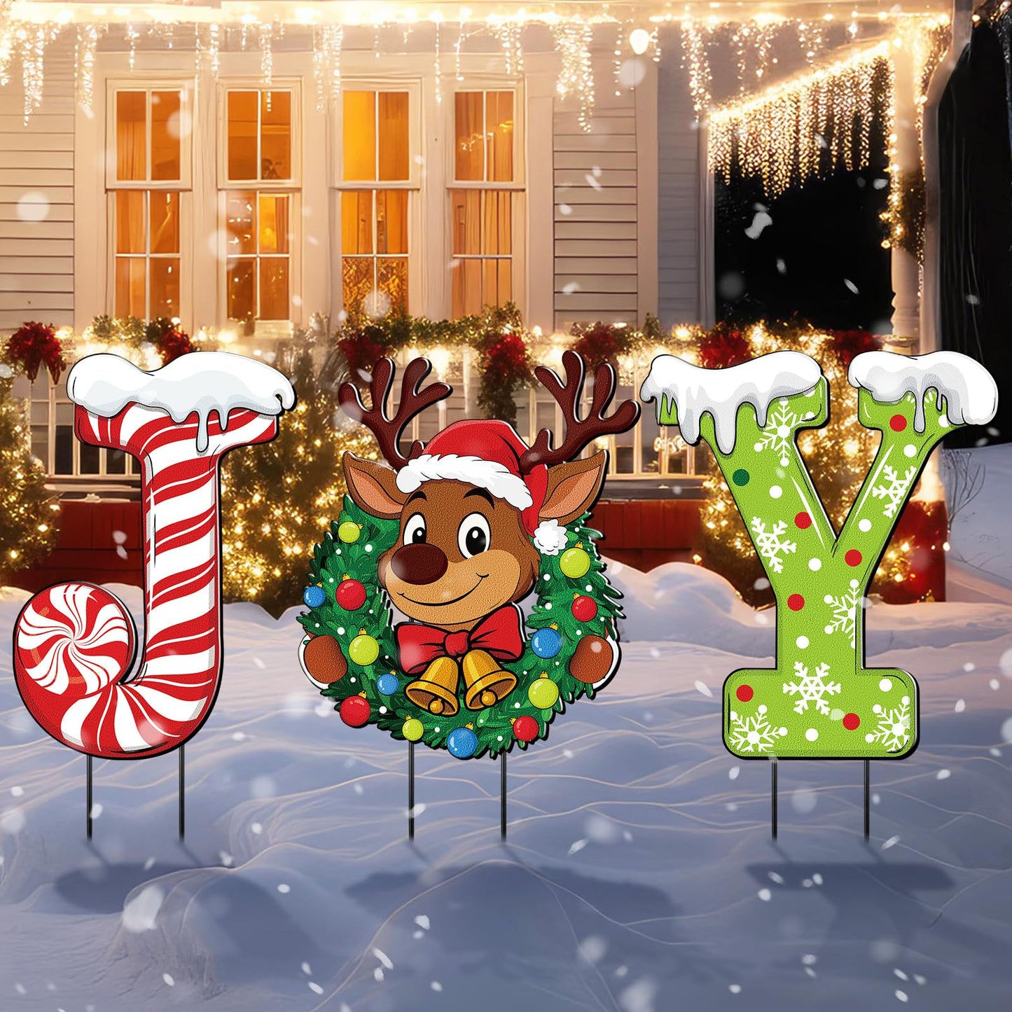 MorningRo 3 Pcs Metal Christmas Joy Yard Signs Outdoor Waterproof Candy Cane Elk Snowflakes Christmas Yard Sign with Stakes for Outside Porch Patio Lawn Garden Pathway Xmas Holiday Winter Decoration
