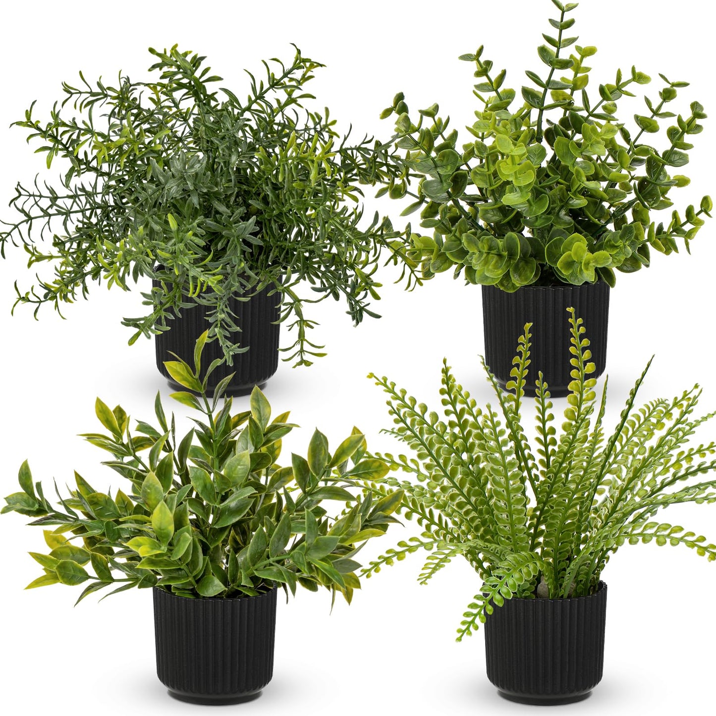 Hollyone 4 Pack Artificial Potted Plants Eucalyptus Rosemary Boston Fern ZZ Plant Fake Plant in Black Pot Small Faux Plant Greenery Aesthetic Indoor Home Decor Bathroom Bedroom Table Shelf Office