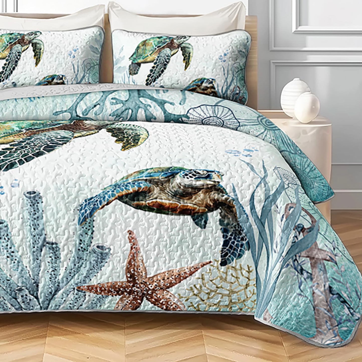 AILONEN Sea Turtle Bedding Quilt Set Queen Size,Teal Blue Ocean Beach Coastal Bedspread Coverlet,3 Pieces Soft Lightweight Quilt & 2 Pillowcases