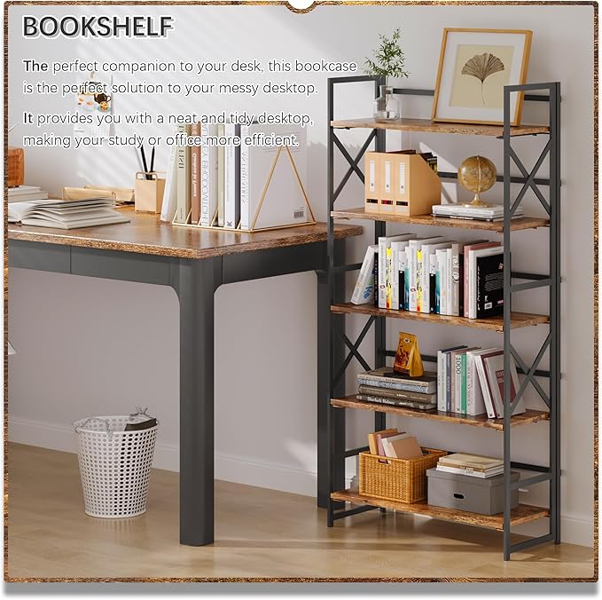 4NM 5 Tiers No Assembly Book Shelves, 51.2" H Folding Bookshelf Bookcase Open