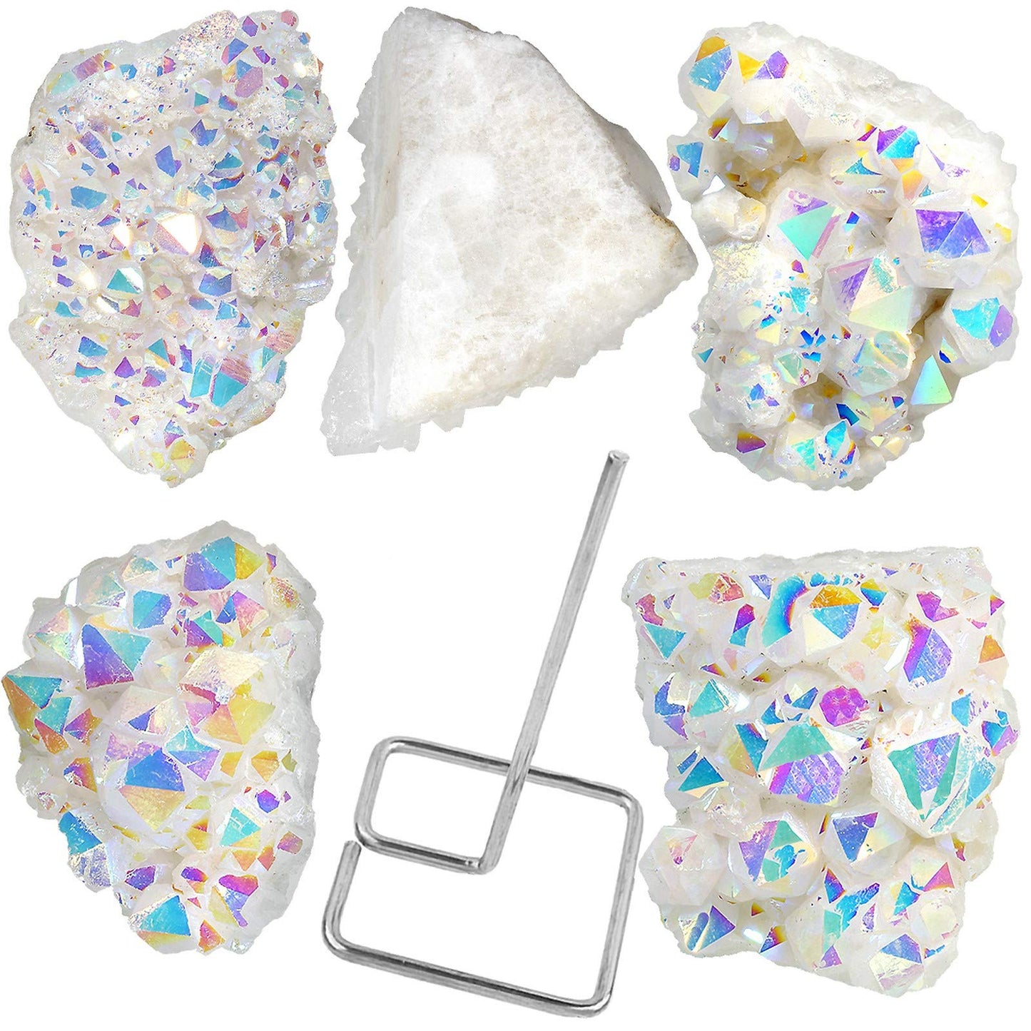 Amogeeli Titanium Coated Rock Crystal Home Decor on Metal Stand, Angel Aura Quartz Cluster Specimen