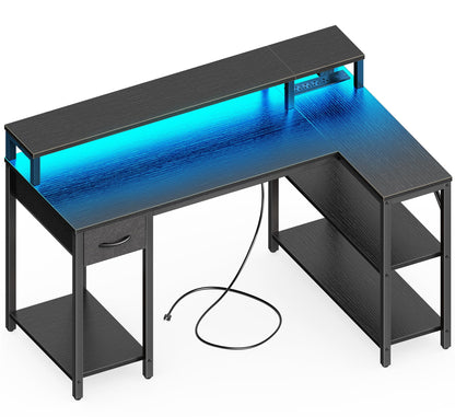 SUPERJARE 47 inch Reversible L Shaped Desk with LED Lights & Power Outlets, Computer Desk with Shelves & Monitor Stand, Gaming Desk with Drawer, Home Office Desk Corner Desk, Black