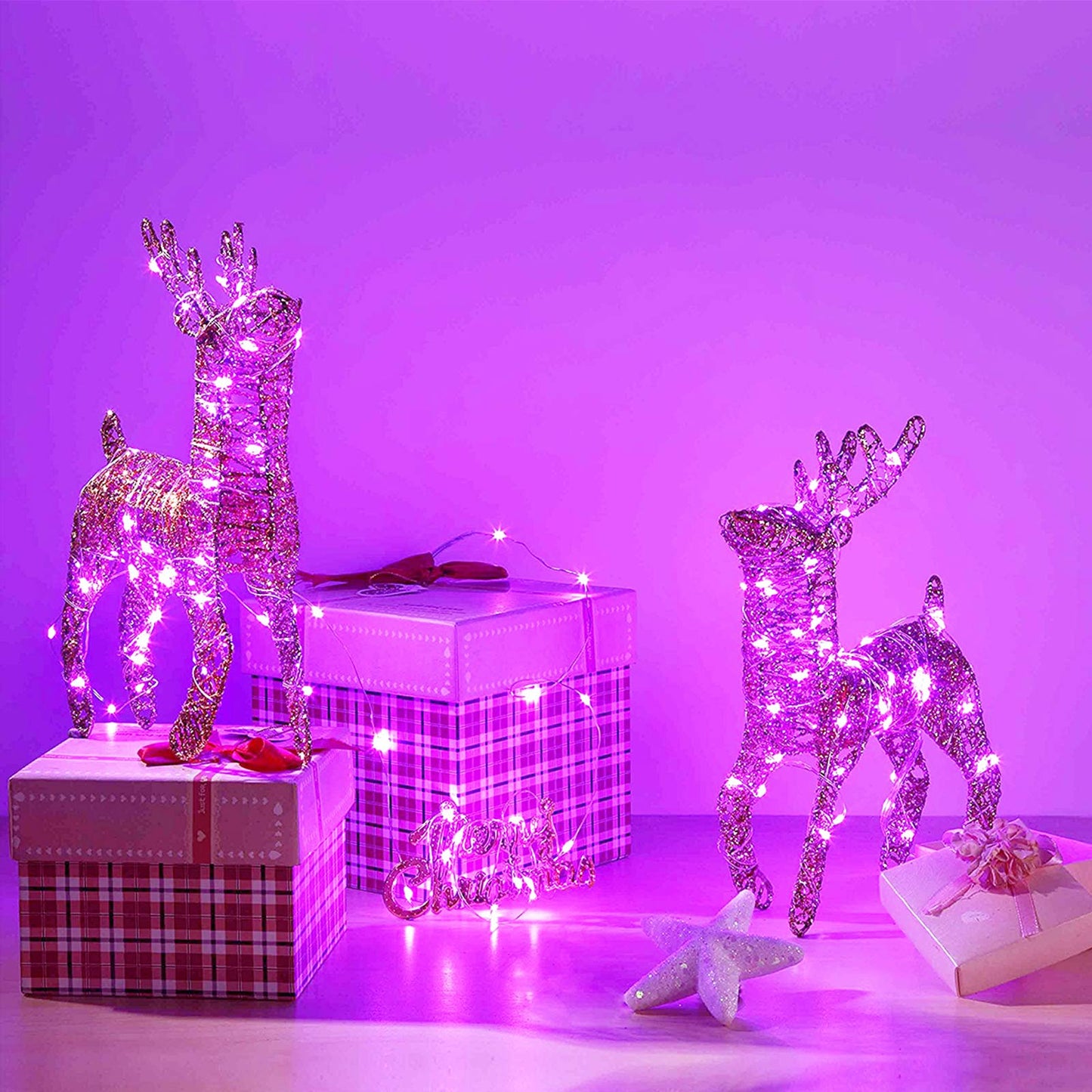 RUICHEN Plug in Fairy Lights with Switch, Waterproof 33 Ft 100 LED Silver Wire Starry String Firefly Lights for Christmas, Easter, Valentines Day, Parties, Wedding, Vases, Craft, Pink