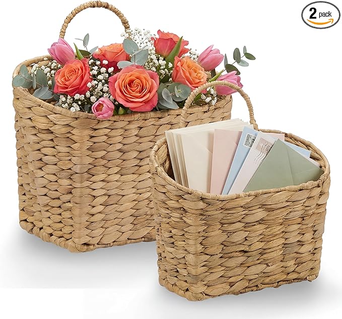 Set of 2 Wicker Hanging Basket for Organizing, Front Door, Flowers