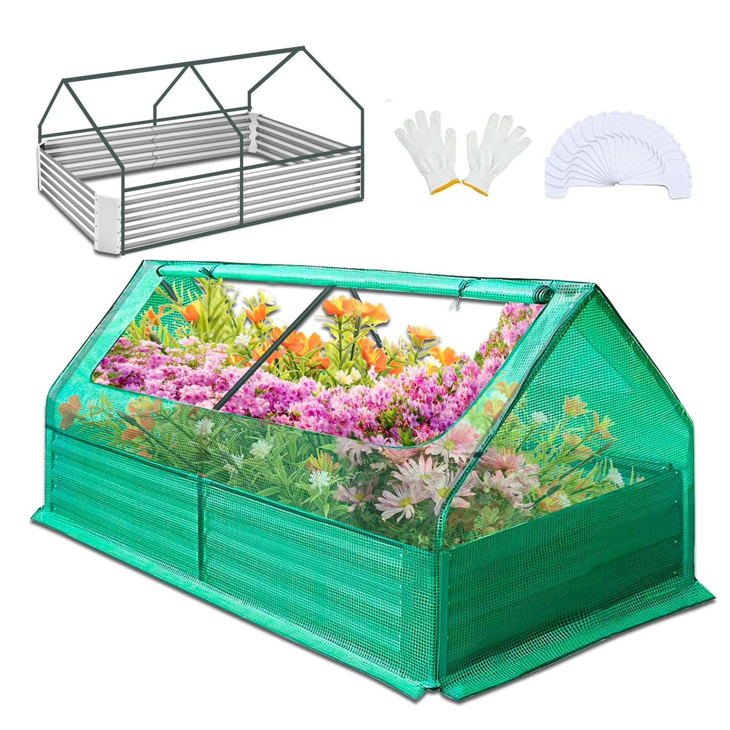 6 x 3 x 3 ft Galvanized Steel Raised Garden Bed, 2 Large Zipper Mesh Screen Windows Mini Greenhouse Outdoor, Bottomless Garden Bed with Greenhouse, Beds for Gardening, Flowers, Herbs, Vegetables