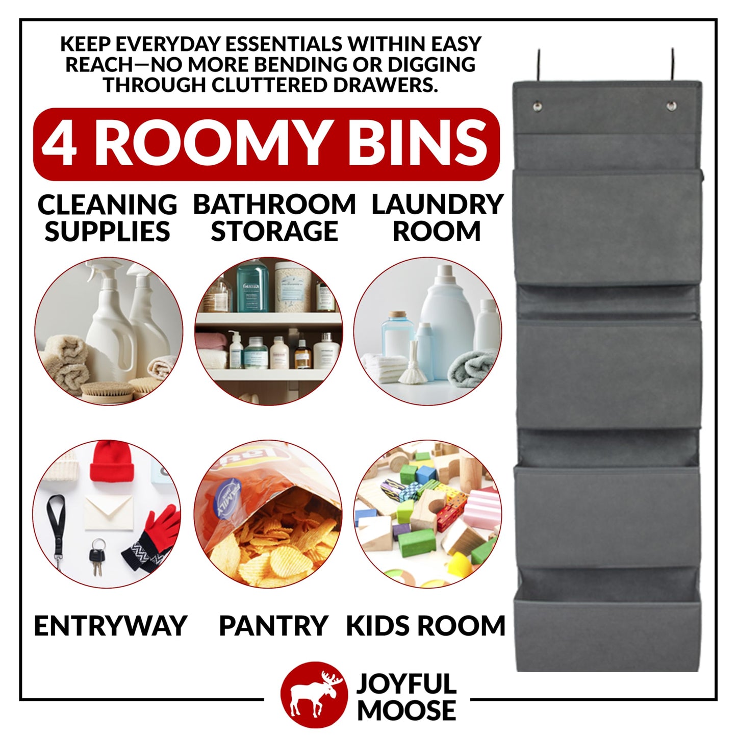Joyful Moose Over the Door Hanging Organizer Closet Storage Bins Grey
