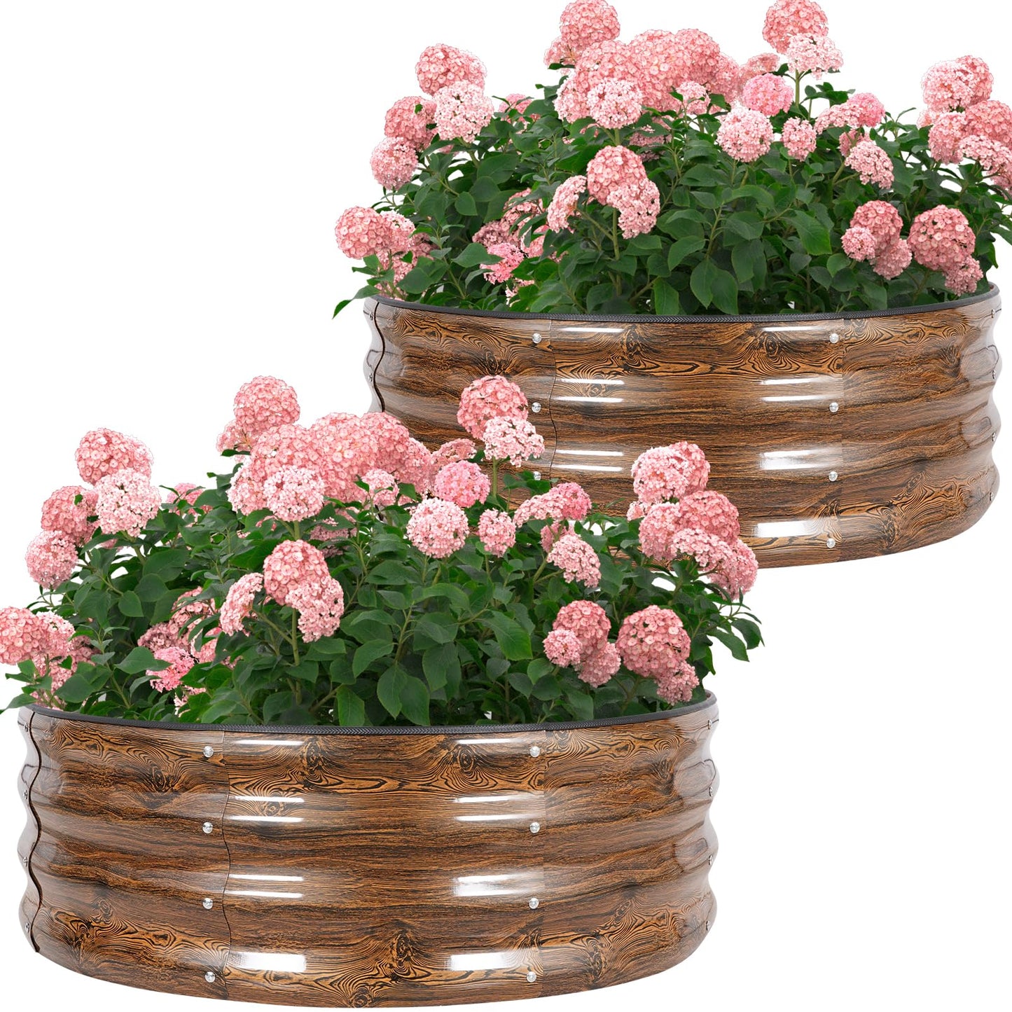 Permade Galvanized Raised Garden Bed- 2Pcs Metal Planter Boxes Outdoor | 12" Tall 36" Round Steel Raised Bed Kit & Fire Pit Ring for Gardening with Protective Tape for Vegetables (Wood Grain)