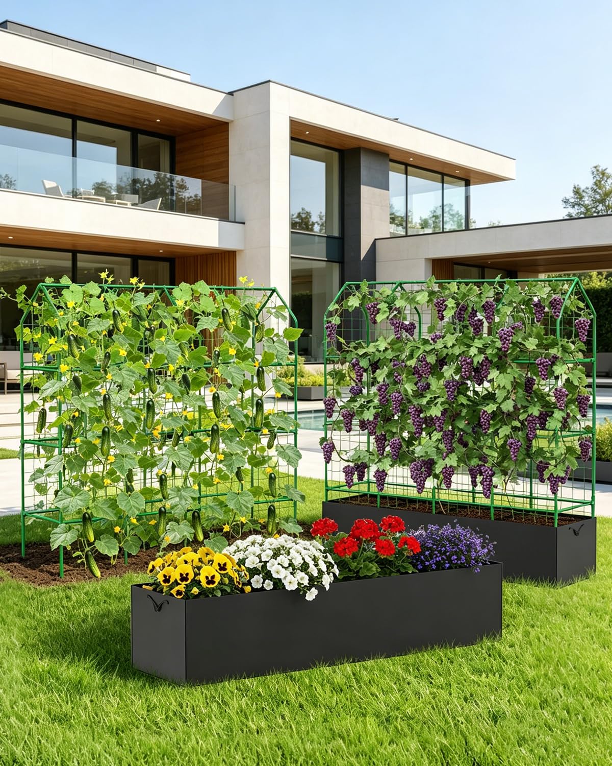 65" Cucumber Planter with Trellis for Climbing Plants Outdoor, Metal Garden Trellis for Raised Bed, Plant Support Structures with Netting for Cucumbers Tomatoes Beans Peas (67 * 17 * 65inch(L*W*H)