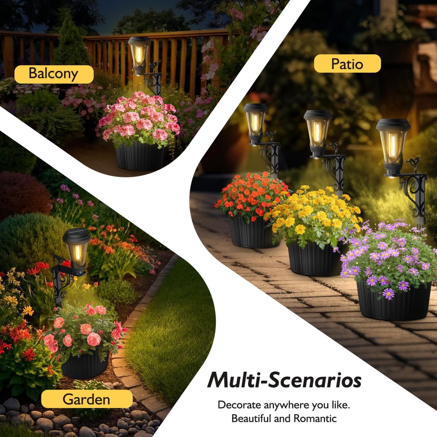 2Pcs 7.9 Inch Solar Lights Planter Dual-Sided 3000K Warm White Lighting, 2 in1 (Wall/Stand) Flower Pots, Auto on/Off IP65 Solar Post Light with Planter Waterproof for Yard, Patio, Porch, Pathway Decor