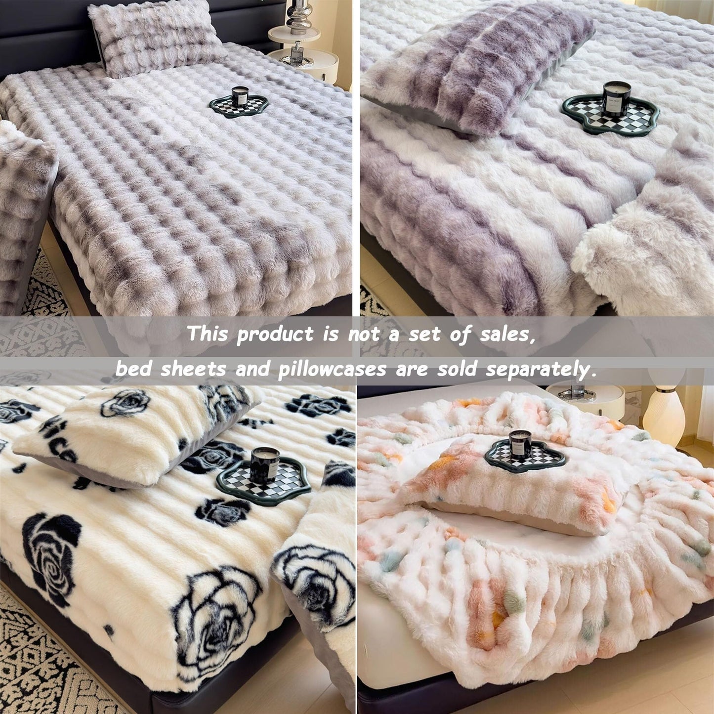 Elastic Bed Sheets, Milk Velvet Fitted Sheet, Winter Warm Mattress Cover, Faux Rabbit Fur Fitted Sheets, Fluffy Mattress Protector Bedspread, Machine Washable and Non-Fade(D,2 Pillowcases)