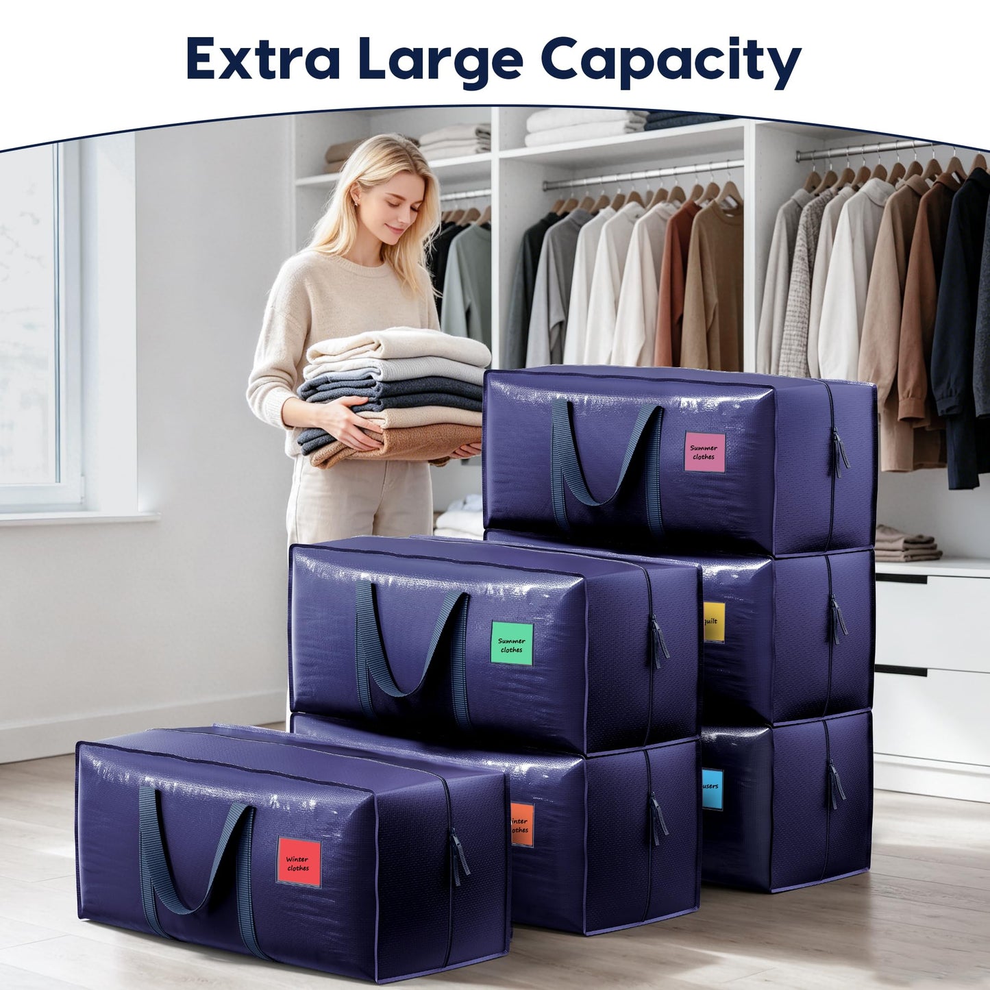 RMOHRO 6 Pack Moving Bags Heavy Duty 210GSM with Full-Open Side Zipper, 93L 220lbs Waterproof Foldable Storage Totes for College Dorm Move-In, Lidded Storage Bins., Blue