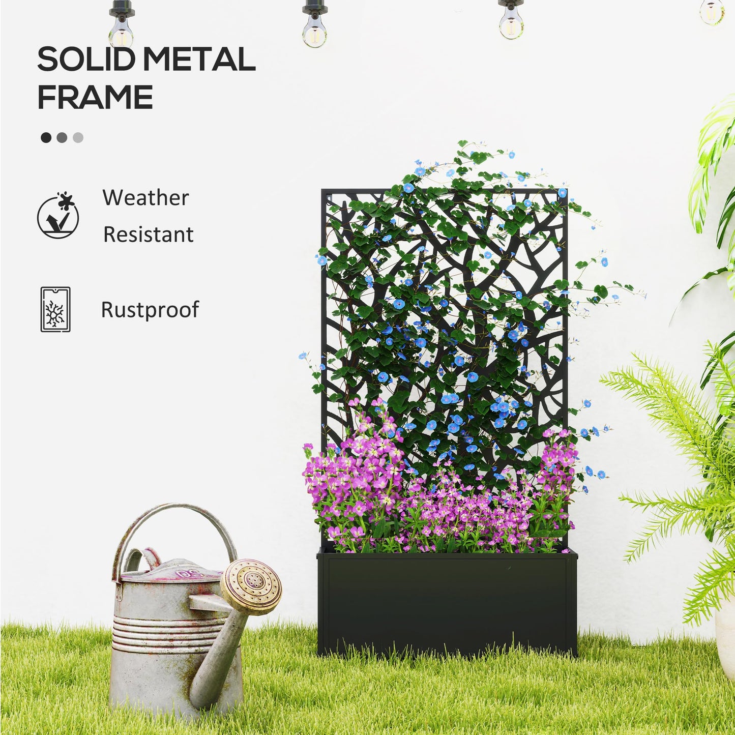 Outsunny Metal Raised Garden Bed with Trellis for Climbing Plants, Freestanding or Wall Mounted Flower Bed with Privacy Panel, Two Big Tree Cut-Outs Outdoor Planter Box for Garden, Patio, Balcony