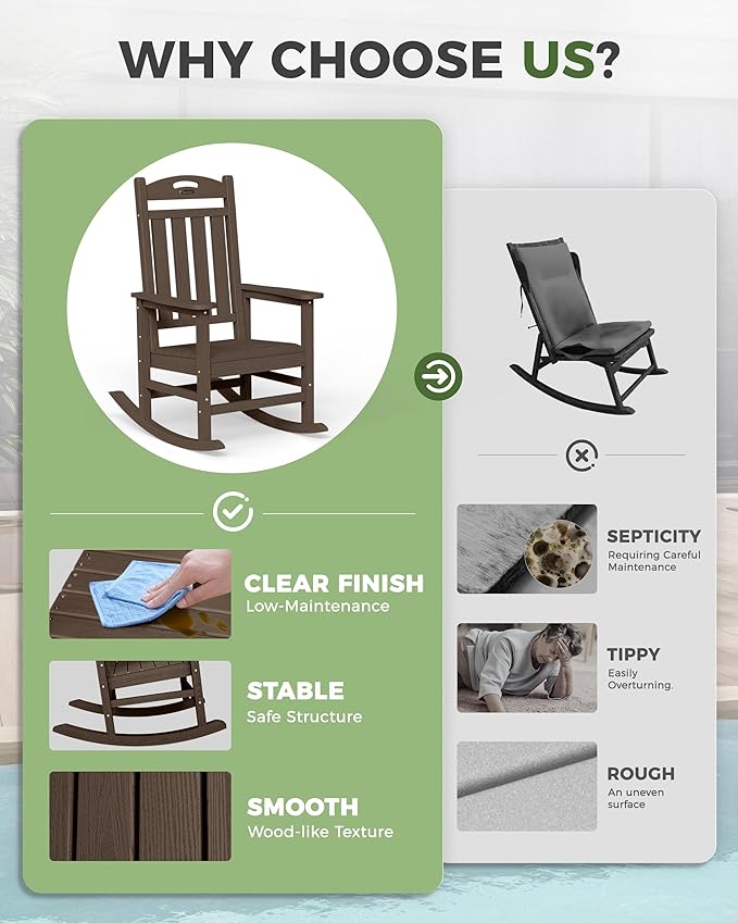 Oversized Outdoor Rocking Chair, HDPE All Weather Resistant Rocking Chairs for Patio, High Back Porch Rocker Chair, 380lbs Weight Capacity, Brown