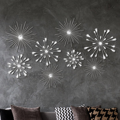 Blulu 8 Pcs Silver Metal Wall Art Cast Iron Starburst Wall Decor Bling Crystal Sculptures Living Room 3D Teardrop Radial Rhinestone Hanging Diamond Accents for Home Office Bedroom Entryway