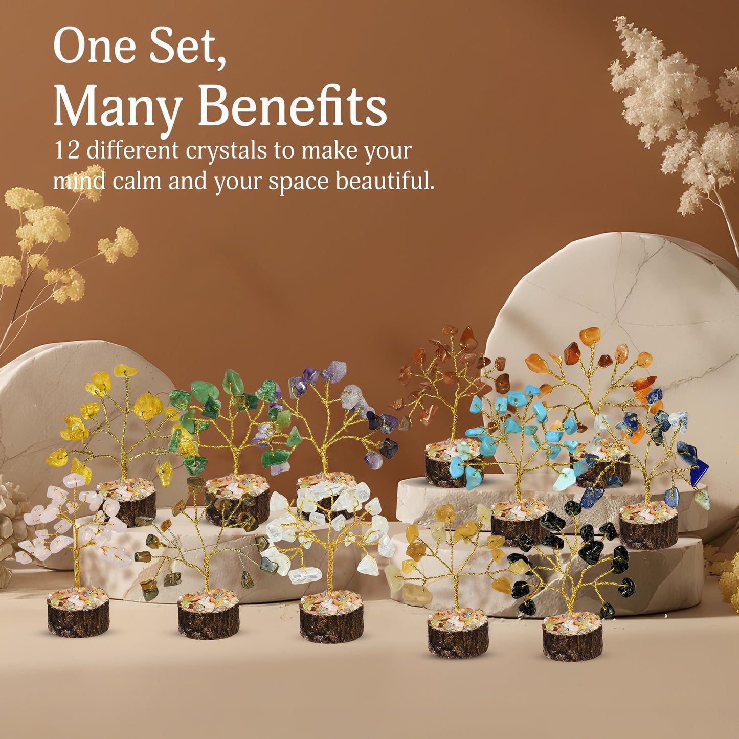 YATSKIA Crystal Tree Gifts for Women, Crystals and Stones, Home Office Desk Decor, Crystal Tree of Life Decor, Money, Spiritual, Reiki, Good Luck Gifts for Mom (Set of 12 Mini Trees)