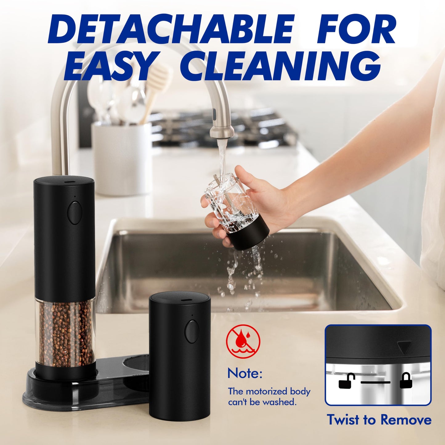 Electric Salt and Pepper Grinder Set, USB Rechargeable Automatic Pepper Mills and Salt Grinders with LED Light, Large 100ml Capacity, Adjustable Coarseness, One-Hand Operation, Stable Base
