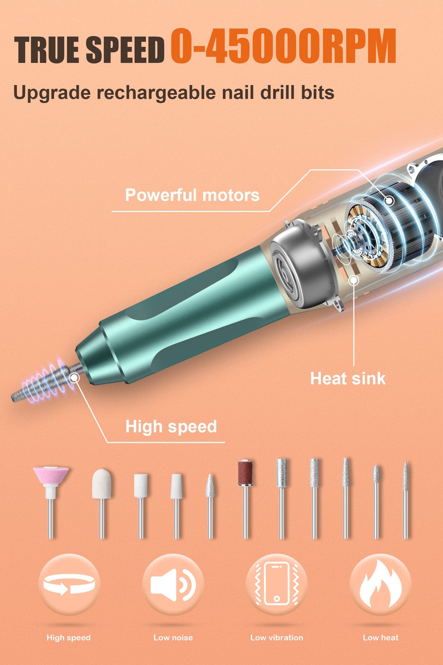 Electric Nail Drill Professional, 45000RPM Cordless Electric Nail File for Acrylic Gel Nails, Professional Nail Drill Manicure Pedicure Polishing Shape Tools for Home Salon