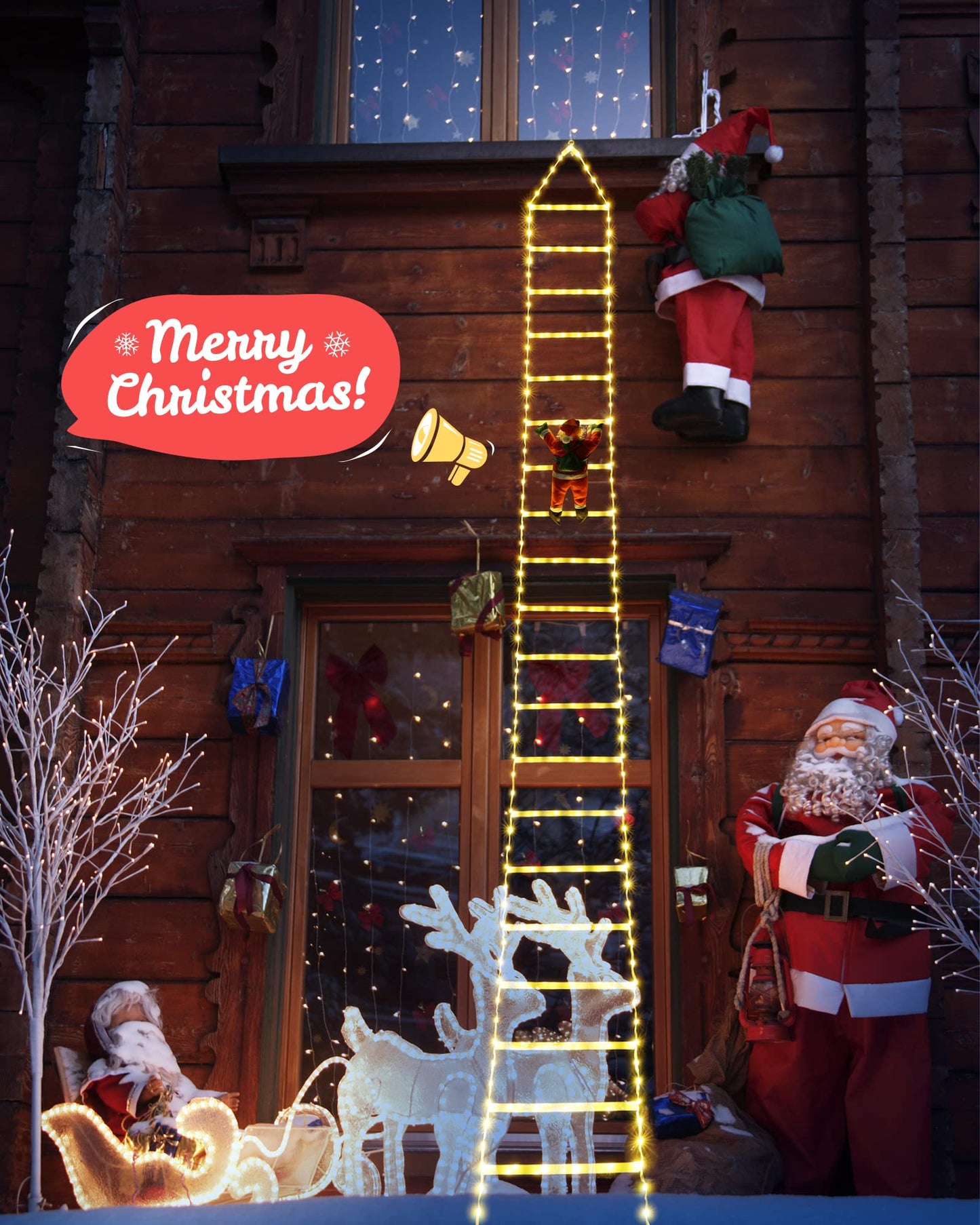 Christmas Decorations LED Ladder Lights with Climbing Santa Claus, 10ft Outdoor Christmas Decorative Lights - 8 Modes Xmas Lights Tree for Home Holiday Wall Window Xmas Decor (Warm White)