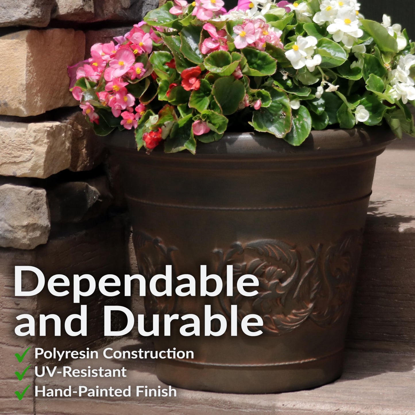 Sunnydaze 16-Inch Arabella Large Plastic Pot for Plants - Outdoor Double-Walled Polyresin Large Plastic Planter with Drillable Drainage Holes - Rust