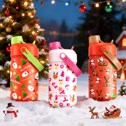 12 oz Kids Christmas Insulated Water Bottle: 2-in-1 Straw Spout Lid, Leakproof, BPA-Free, Keep Cold 24H, Stainless Steel Cup with Carrier Bag for Party, Travel, Holiday Gift (Santa's Jolly Wishes)