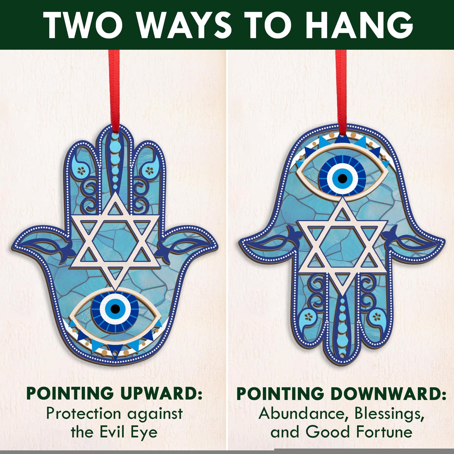 FLAGWIX Christmas Hanukkah Gifts for Women Men - Double-Layered Christmas Ornament for Tree Decorations - Hamsa Hand Suncatcher Decor, Housewarming Gift Ideas, Spiritual Gifts for Family Friends