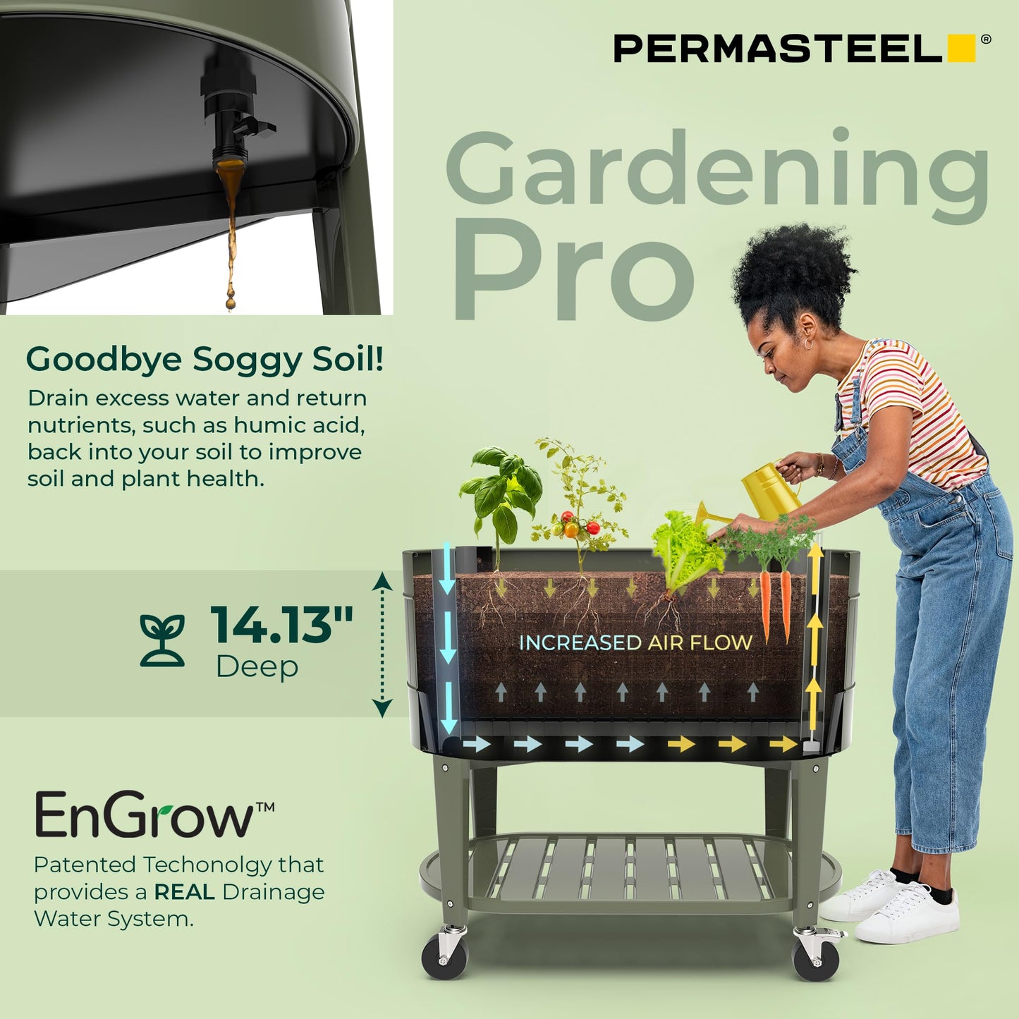 Permasteel Raised Garden Bed with Legs, Planter Box with EnGrow™ TrueSoil™ Technology for Vegetables, Flowers, Herbs, and Fruit, Outdoor Indoor, Storage Shelf, Caster Wheels, Green