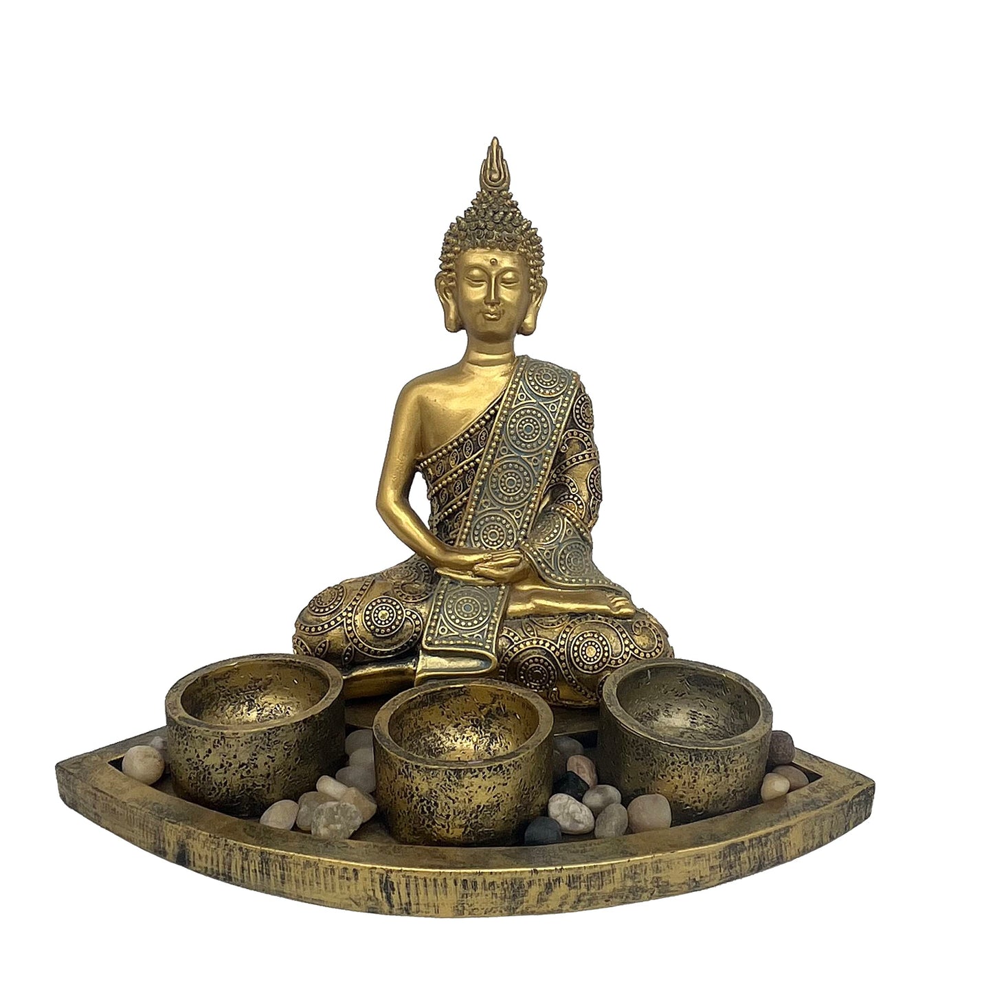 ARTCOS Meditating Buddha with 3 Tealight Candle Holder Base Sitting Zen Buddha Statue for Spiritual Room Décor Buda Sculpture Home Decoration for Peace and Harmony (Antique Gold)