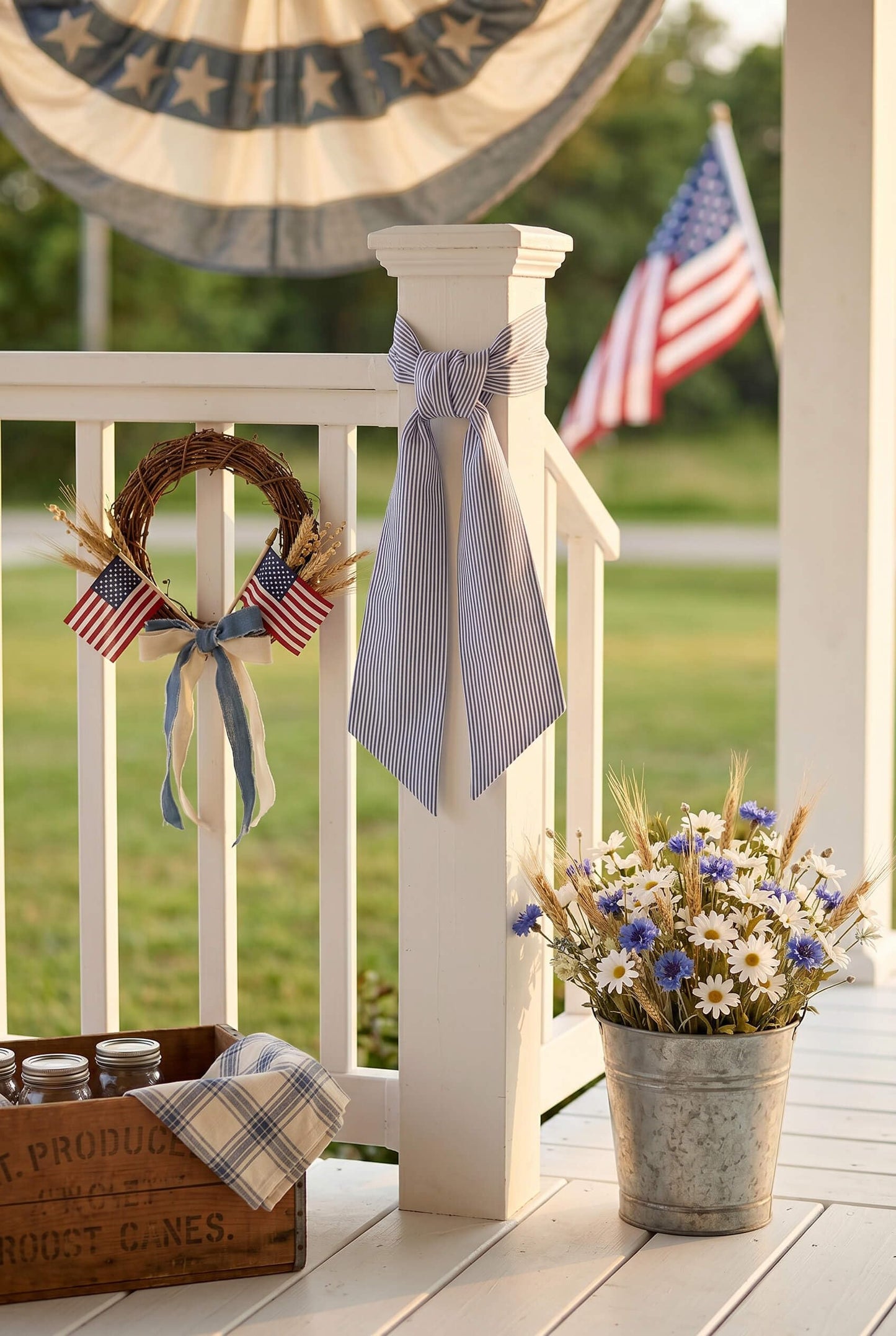 Kutyndrix Blue and White Striped Wreath Sash 2 Pack for Front Door, 5.12" x 54.33" Each Summer Nautical Holiday Door Ribbon Decorations Set