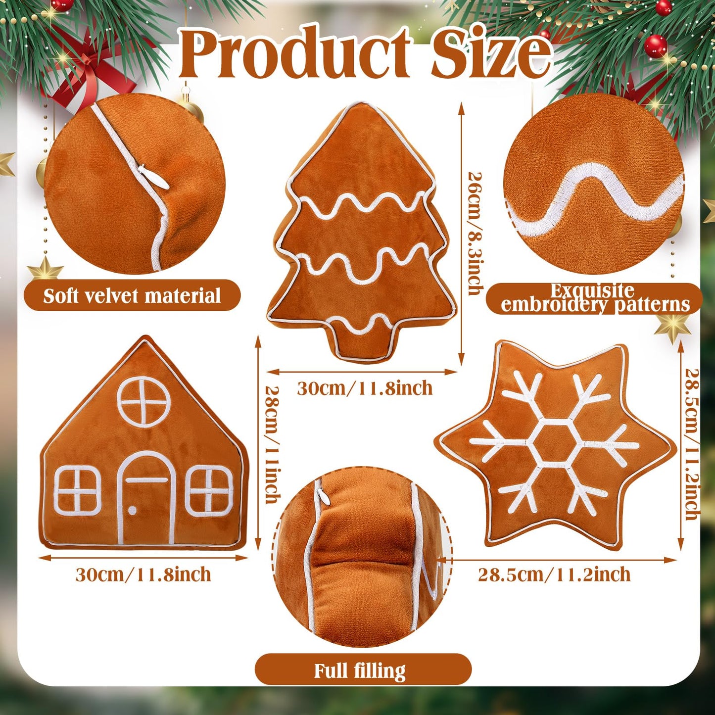 Amyhill 3 Pcs Christmas Velvet Throw Pillows Xmas Tree Gingerbread Man House Snowflake Pillows Embroidered Design Stuffed Christmas Decoration for Home Sofa Bed Couch Party