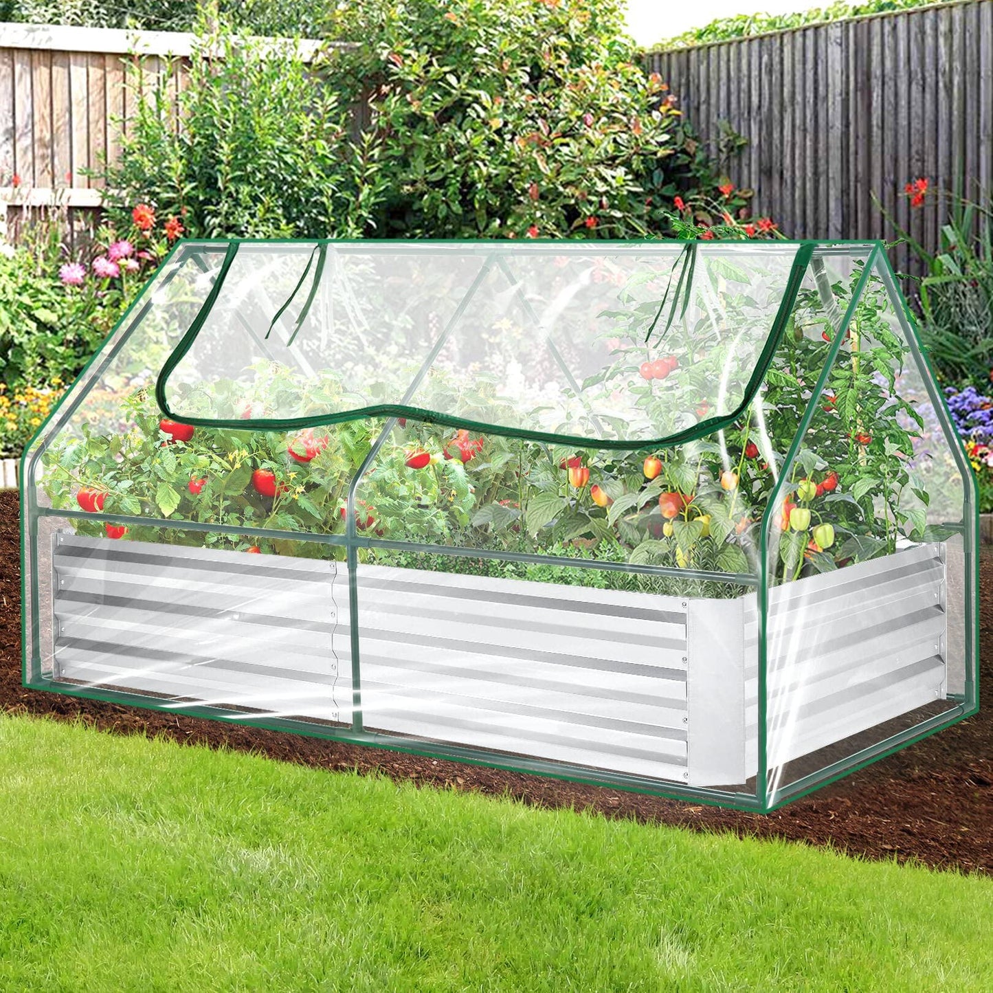 SEJOV 6x3x1ft Galvanized Raised Garden Bed with Cover & 2 Large Windows, Mini Greenhouses for Outdoors, Metal Planter Box Kit for Vegetables Flowers Herbs, 1 Pair of Gloves Included, Clear