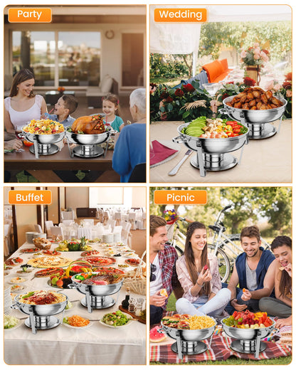 5QT Chafing Dish Buffet Set of 6 Pack, Food Warmers and Servers Round Stainless Steel Chafer with Food & Water Pan, Lid, Frame, Fuel Holder for Catering,Parties and Festivals