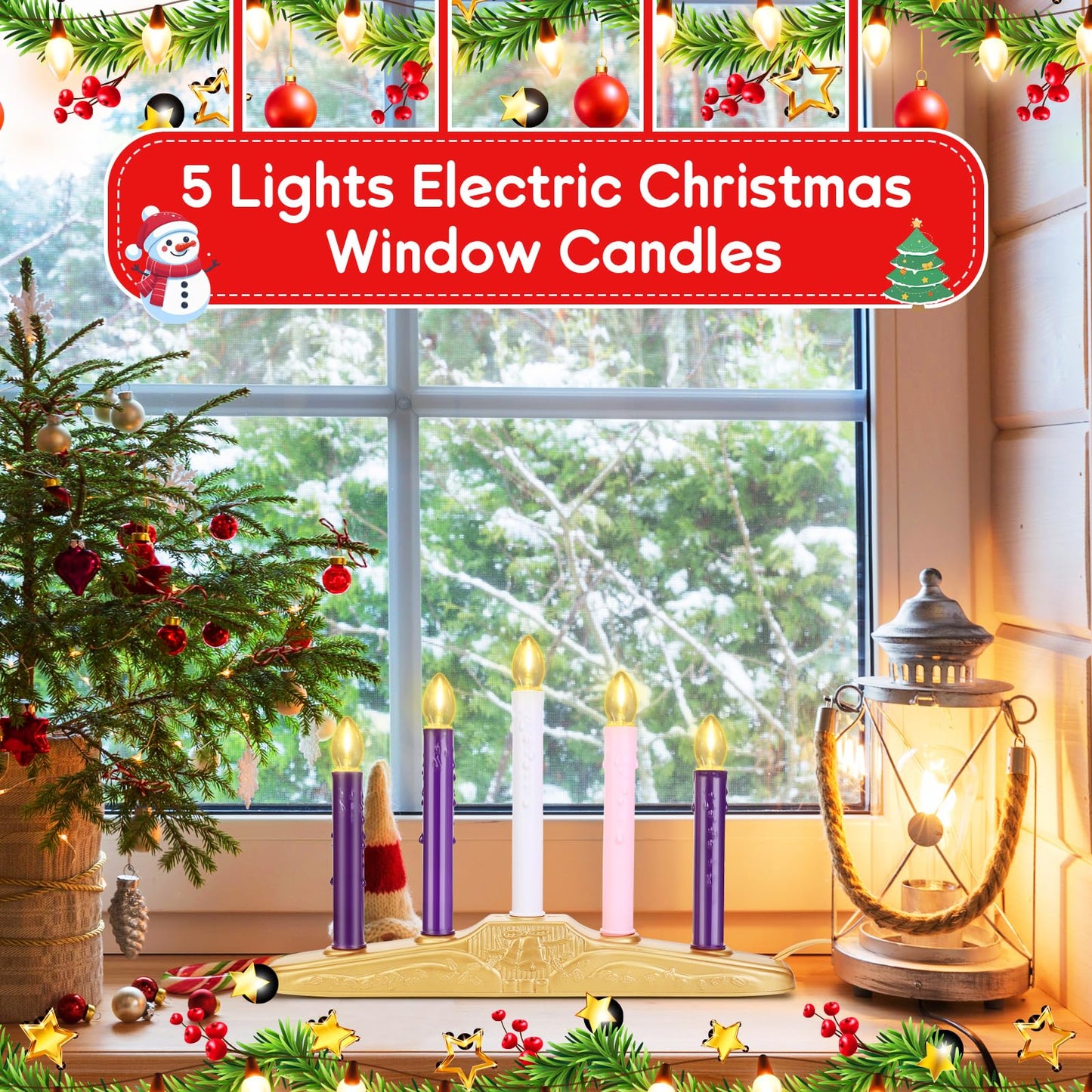 AFOROEOA 5 Light Christmas Electric Window Candles, Christmas Flameless Advent Candle Set with Purple Pink White Taper Candles 5 Bulbs 3ft Wire E12 Candelabra Base Window Candle for Home Table Decor