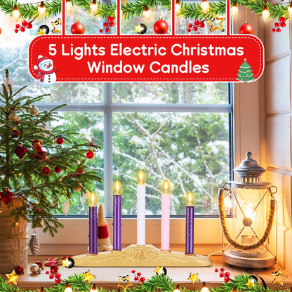 AFOROEOA 5 Light Christmas Electric Window Candles, Christmas Flameless Advent Candle Set with Purple Pink White Taper Candles 5 Bulbs 3ft Wire E12 Candelabra Base Window Candle for Home Table Decor