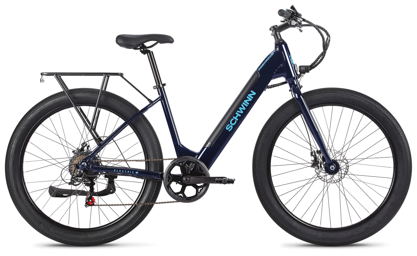 Schwinn Parkwood Electric Hybrid Bike, 350W Hub Motor, 27-Inch Wheel, Adult Bicycle, Blue