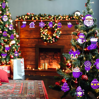 Lunmon 24 Pcs Purple Christmas Ornaments PVC Pastel Ornaments for Christmas Tree Santa Claus Gingerbread House Gnomes Xmas Baubles Winter Decorations for Xmas Tree Party Holiday Decor